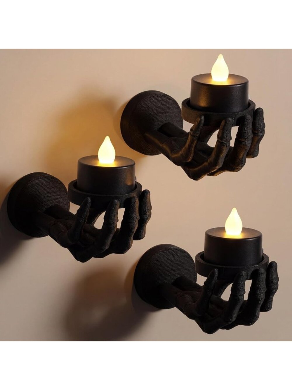 3 Pcs Halloween Skeleton Hand Wall Candle Holders with LED Candles - Spooky